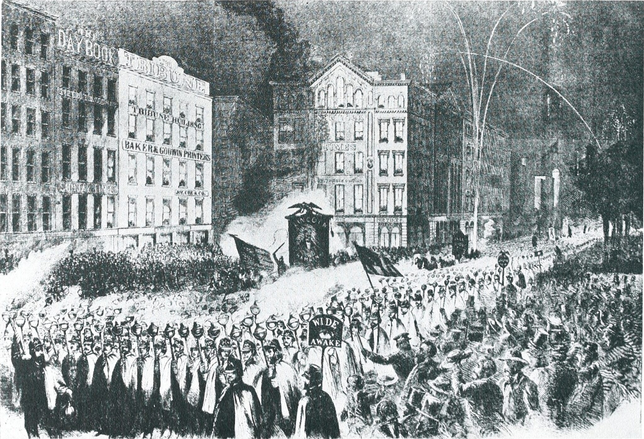 A Wide Awakes parade in Lower Manhattan, one of a series of political rallies held in New York, Philadelphia, Chicago, Cleveland, and Boston during the first week of October 1860. Image shows large group marching down the street, with tall building on one side fo them. Many carry torches. They’re wearing capes and caps. Some have standards that say Wide Awake. By Internet Archive Book Images - https://www.flickr.com/photos/internetarchivebookimages/14594018200/Source book page: https://archive.org/stream/abrahamlincolnsp1860linc_36/abrahamlincolnsp1860linc_36#page/n9/mode/1up, No restrictions, https://commons.wikimedia.org/w/index.php?curid=43147907