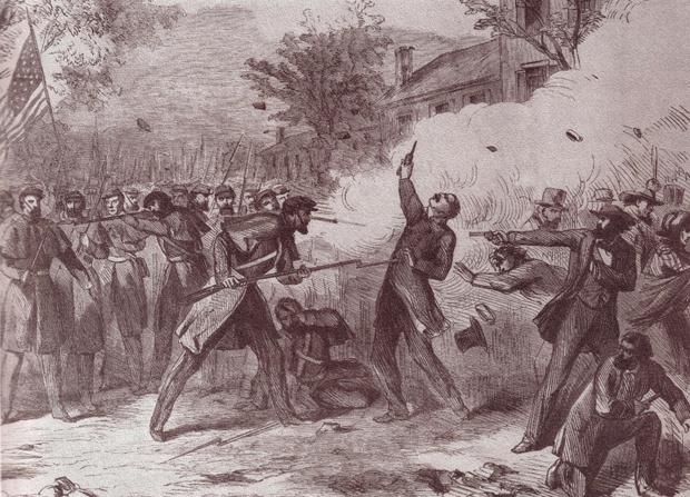 "Terrible Tragedy at St. Louis, Mo.", wood engraving originally published in the New York Illustrated News, 1861. Depicts a man being bayonetted and shot amidst a heavily armed crowd. There is an American flag in the background. By Unknown author - http://www.civilwarvirtualmuseum.org/1861-1862/missouri-enters-the-war/camp-jackson-lithograph.php, Public Domain, https://commons.wikimedia.org/w/index.php?curid=43002319