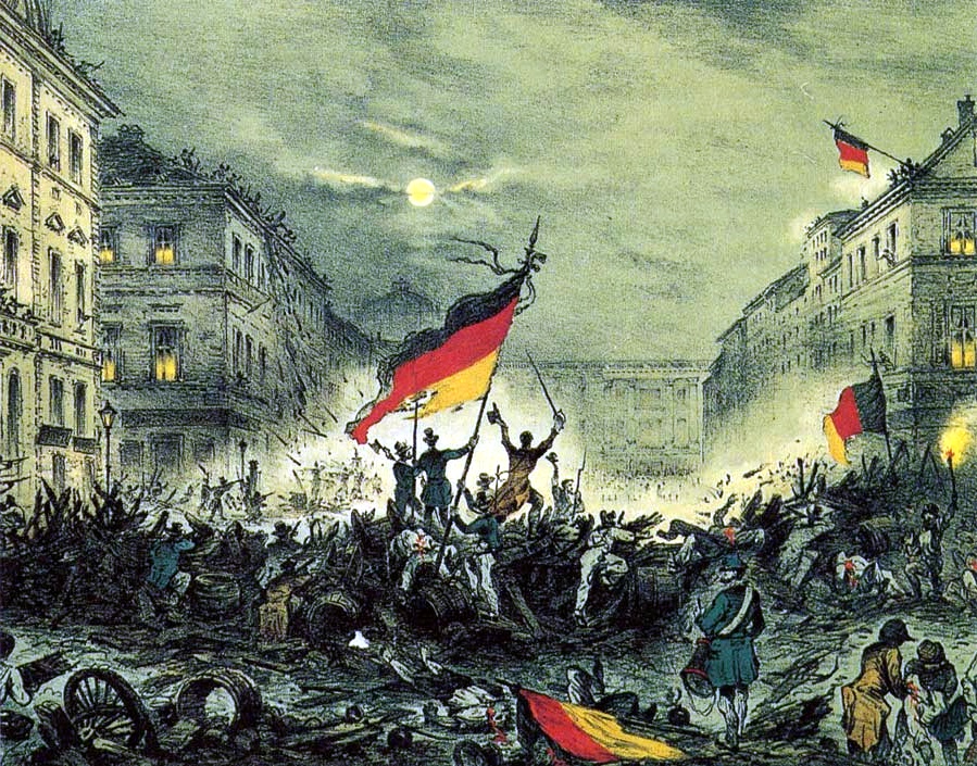 Origin of the Flag of Germany: Cheering revolutionaries in Berlin, on 19 March 1848. By Unknown author - im Original: "Erinnerung an den Befreiungskampf in der verhängnisvollen Nacht 18.-19. März 1848", Kreidelithographie, koloriert, gedruckt im Verlag Winckelmann, Eigenth. v. C. Glück, Berlin, Signatur rechts unten nicht lesbar, wohl Blatt II, post-1848 und zeitgenössisch (genaues Datum unbekannt), gescannt von User:APPER, siehe https://www.deutsche-digitale-bibliothek.de/item/YSA74GHCTOXUCF2V3JY6ZQ2CC3TKLHP2, Public Domain, https://commons.wikimedia.org/w/index.php?curid=364558